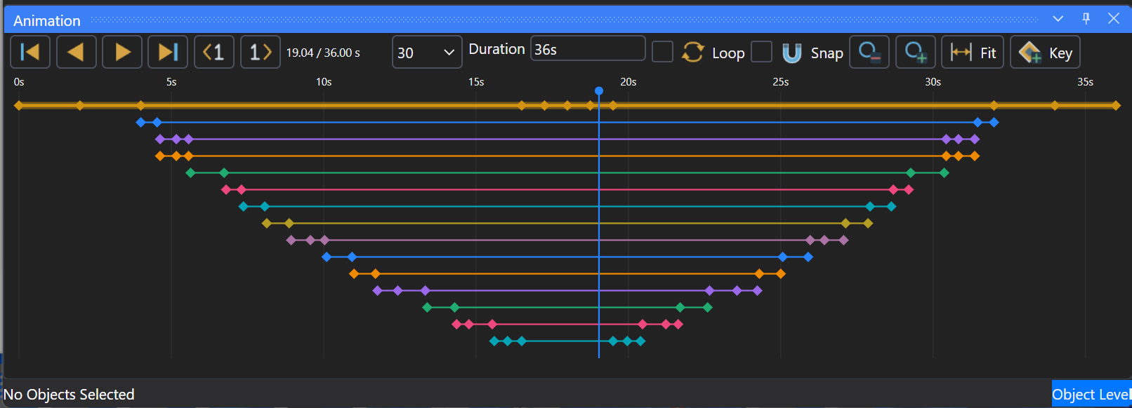 VIZ animation editing window with colored keyframe tracks corresponding to the arbor press object paths