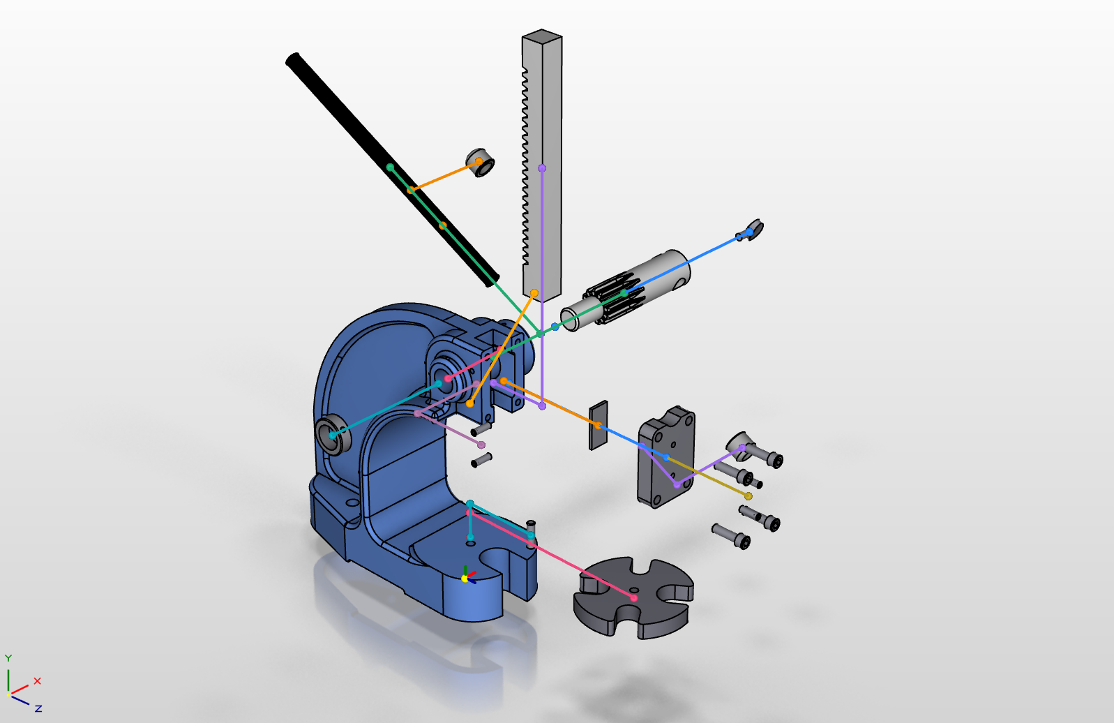 Exploded arbor press assembly with colored object paths visible in the VIZ viewport