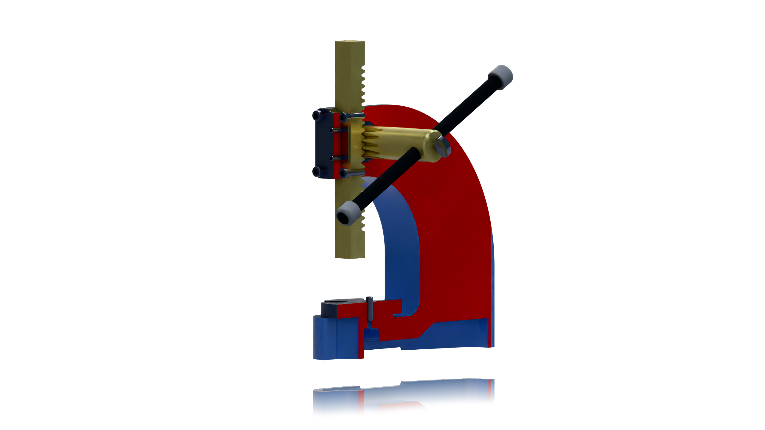 Arbor press cutaway with red section faces and gold rack and pinion components