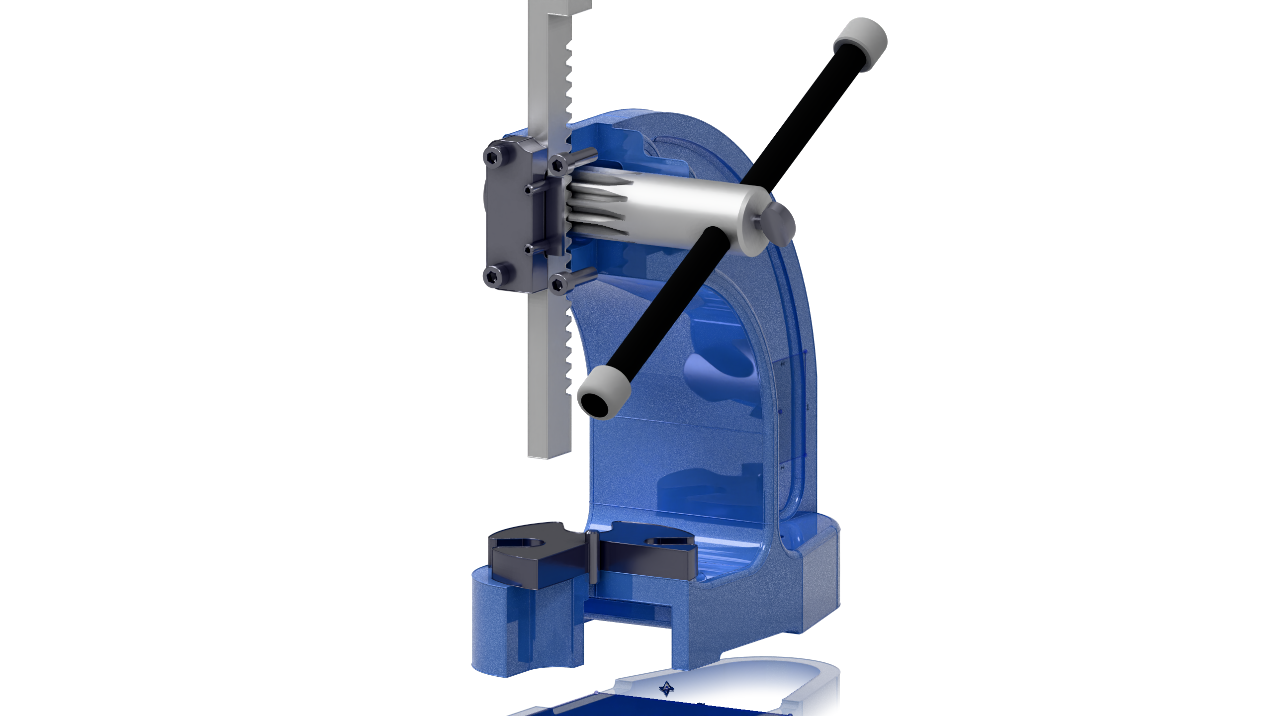 Sectioned blue arbor press revealing the rack, pinion, and interior geometry