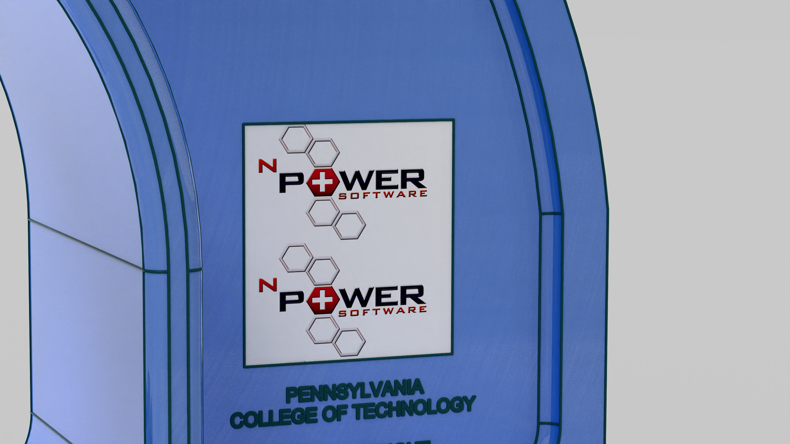 Projected rectangle defining a separate face with nPower Software logos on the blue arbor press