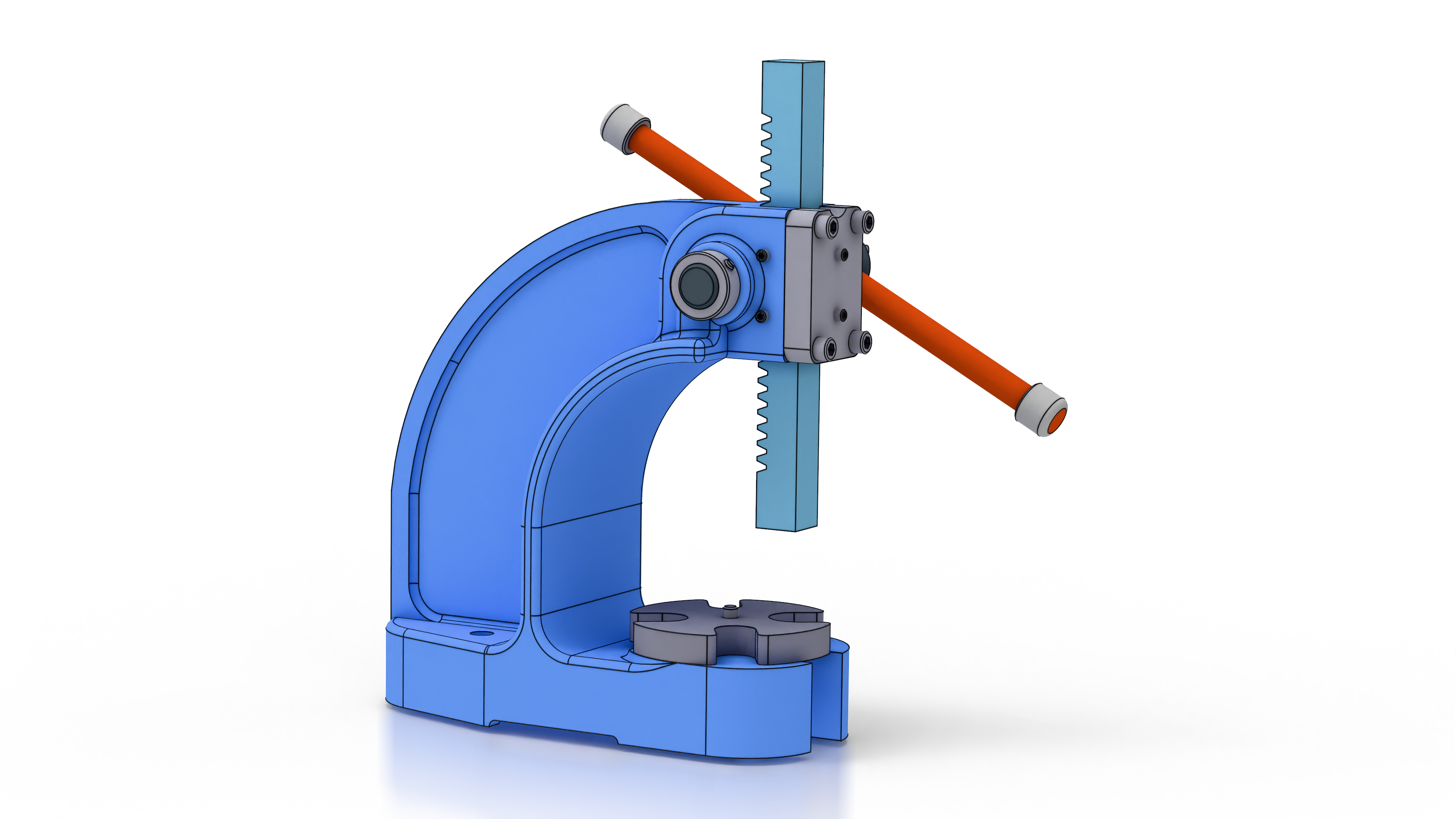 Complete blue arbor press with black edge outlines, a vertical rack and an orange handle on a white background