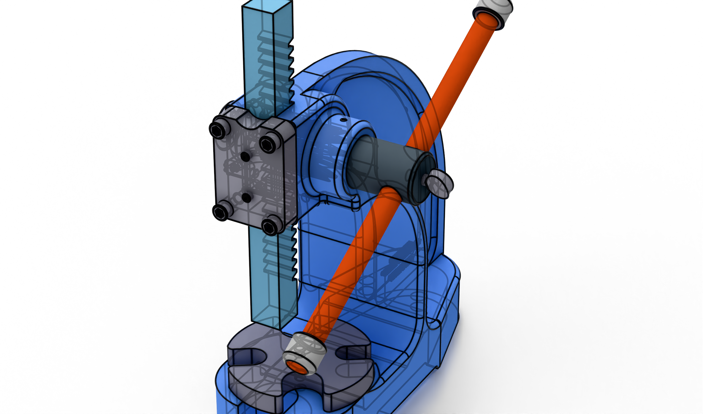 Cycles render of an arbor press with transparent blue components and black edges revealing the internal assembly