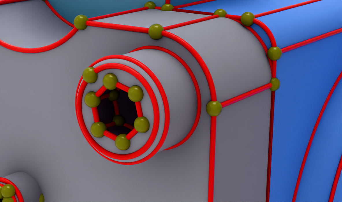 Close-up of an arbor press fastener with red edges and yellow-green markers at the vertices