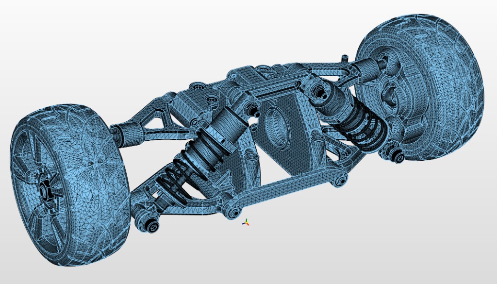The same vehicle suspension with tessellation applied to every part. The whole assembly is shown as a blue mesh.