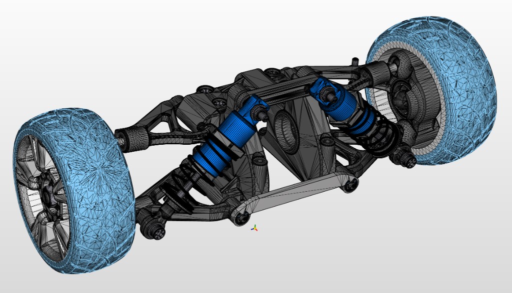Interactive tessellation of a full vehicle suspension. The tires and shock absorbers are shown as a blue mesh so density can be inspected and adjusted.