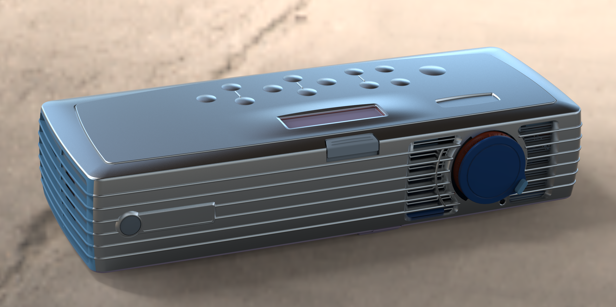 KeyShot rendering of a metallic projector showing soft highlights across its housing and a blue lens cap