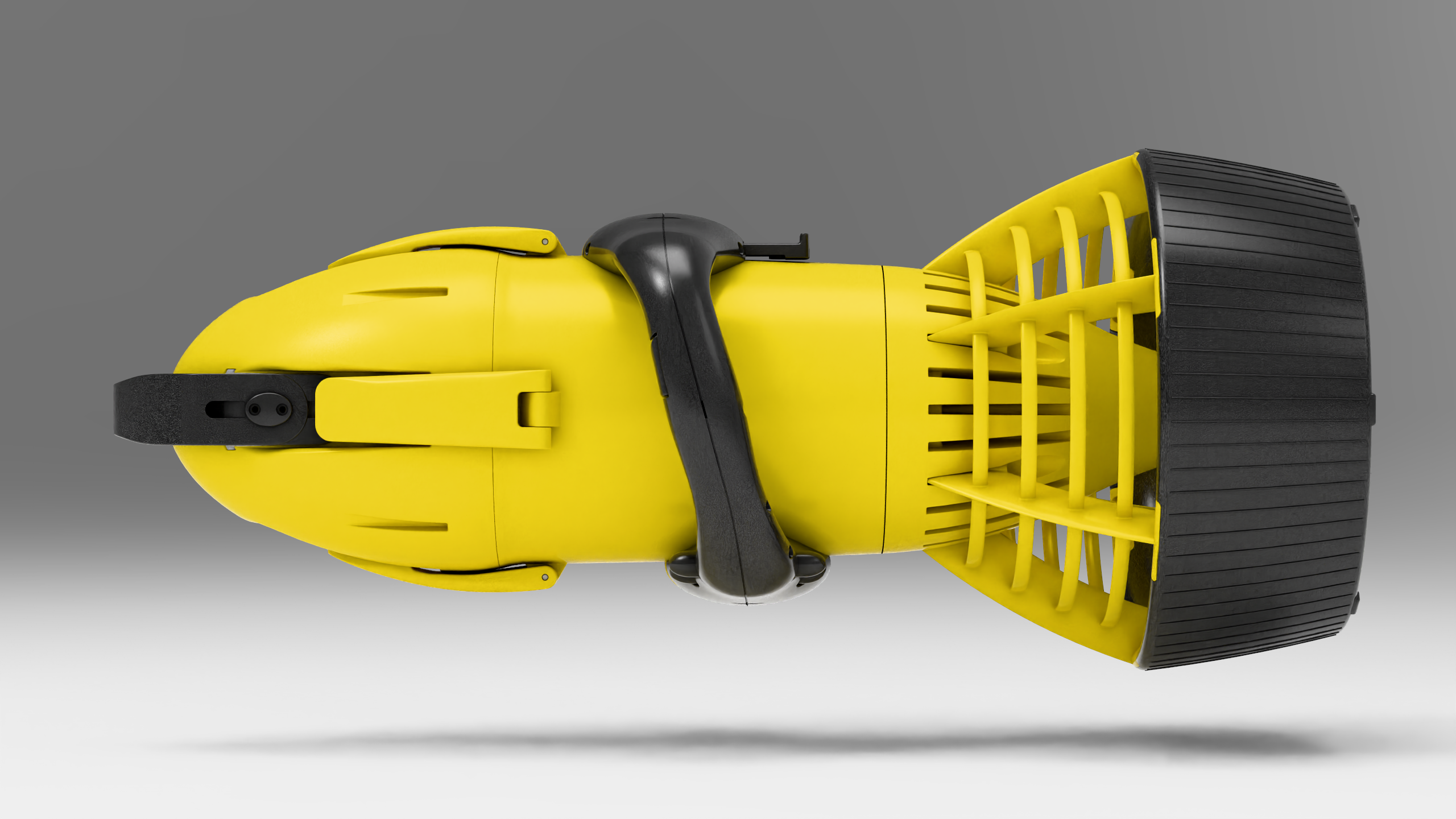 Product visualization of a swim motor with a yellow housing and black handle and rear guard